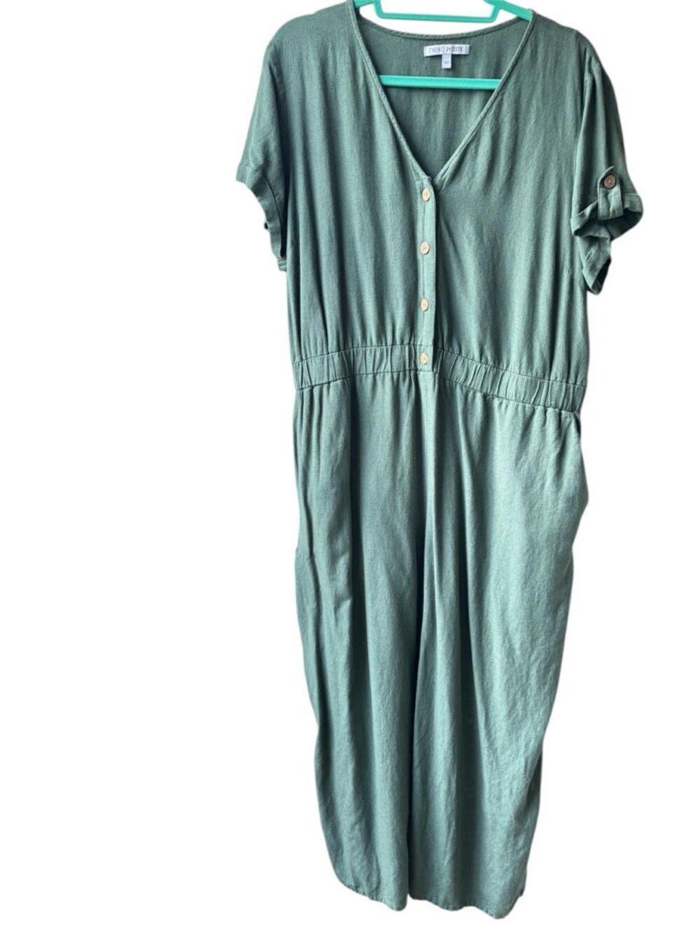 14P (UK 18P) NEXT Linen Sage Green Jumpsuit Romper Pockets Elastic Waist Cotton